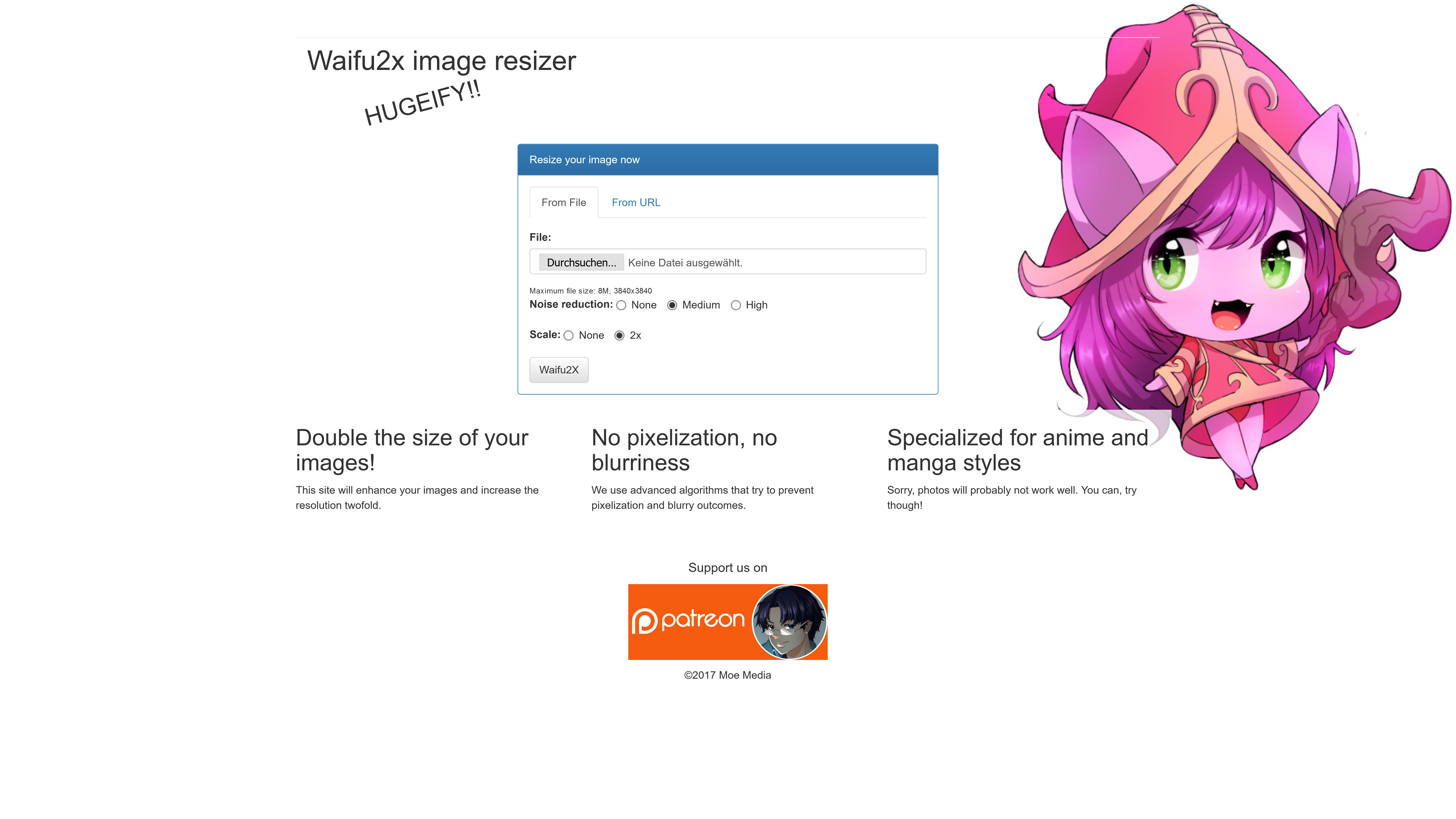 Startseite des Web Tools Waifu2x, mit dem sich Bilder vergrößern und verbessern lassen