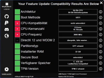 WhyNotWin11 auf einem inkompatiblem Windows 10 PC mit AMD Ryzen 1700 und einer AMD Radeon 570 verbaut in einem ASRock B450 Pro 4 Mainboard
