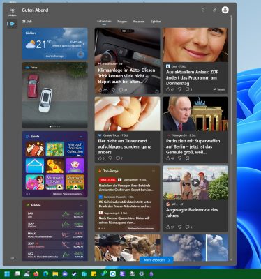 Windows 11 Widget Menü. Die Taskleiste befindet sich Linksbündig.
