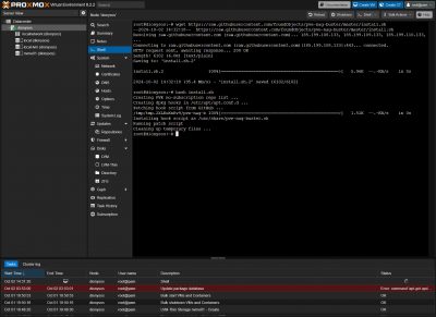 Proxmox v8.2.2 Webansicht/Webclient. Das Shell Terminal ist geöffnet und es wird ein Shell Skript ausgeführt um die Subscription Meldung dauerhaft zu deaktivieren.