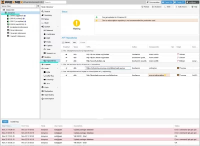 Proxmox v8.2.2 Weboberfläche. Es Wird die Update und Repository Seite des Servers angezeigt. Hier können Repositories aktiviert und deaktiviert werden.