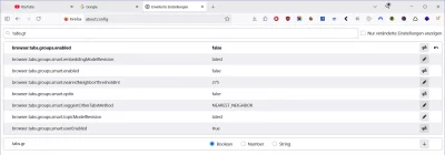 Firefox about:config, Tab Gruppen deaktivieren