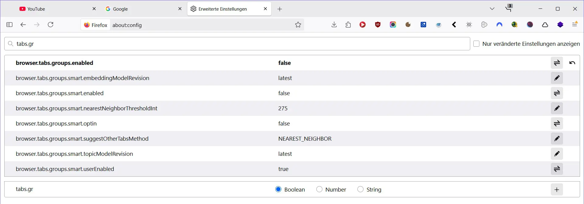 Firefox about:config, Tab Gruppen deaktivieren